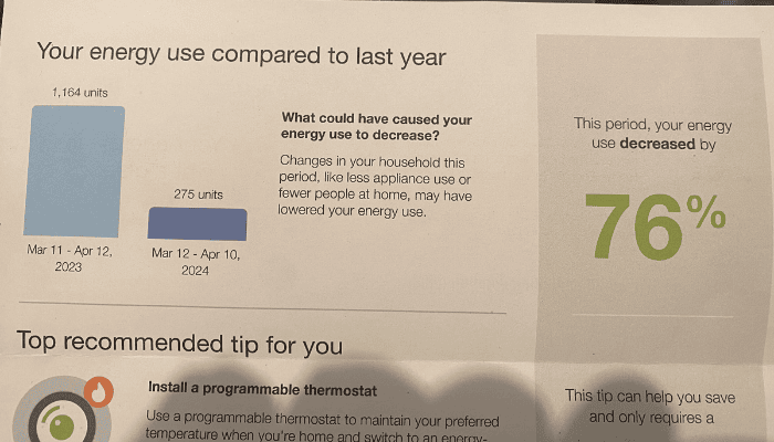 A photo of Bentley's energy savings data after his home upgrades. 